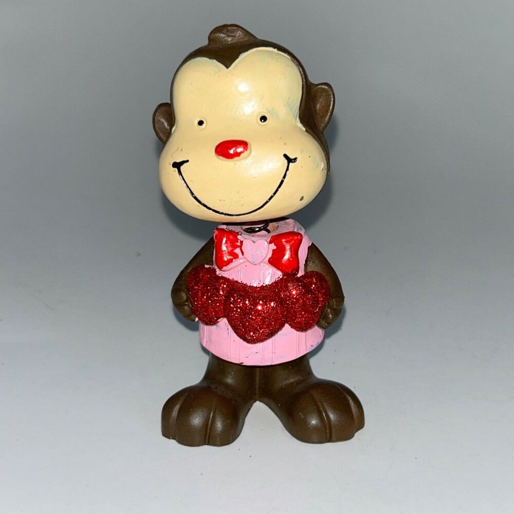Valentine’s Day Monkey‎ Bobblehead Figurine 4.75” Pink Shirt Red Hearts
